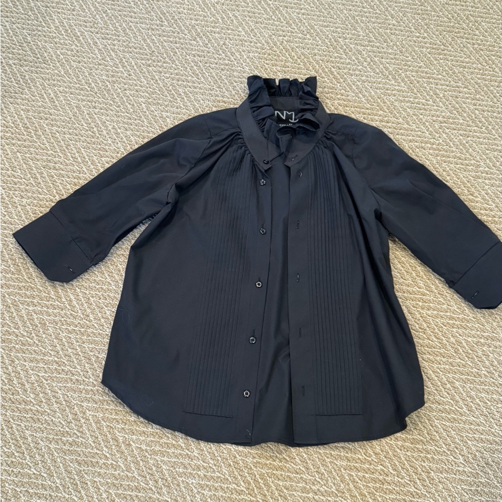 Ruffled High-Neck Pintuck Blouse in Black
